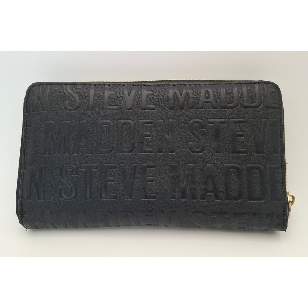 Steve Madden Black Embossed Logo Zip Around Wallet Gold Hardware Faux Leather - Picture 2 of 8